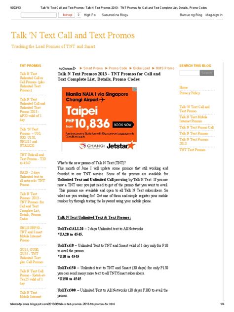 Complete List of TNT Promos for Text, Call and .